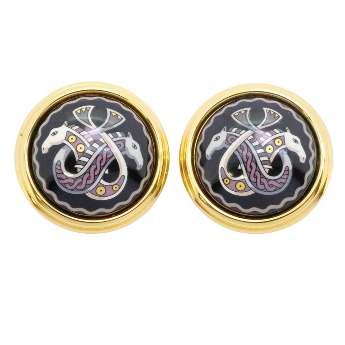 Hermes enamel circle earrings, GP plated, cloisonné, gold, black, multicolor, women's: --- Catalog ---Category: SizeSize (HxWxD): 28.40mm x 28.40mm / 1.12'' x 1.12''Category: DesignType: Clip earringsColor: Black, Gold, Multi-colorGender: WomenMaterial: Cloisonné/enamel, Gold platingCa