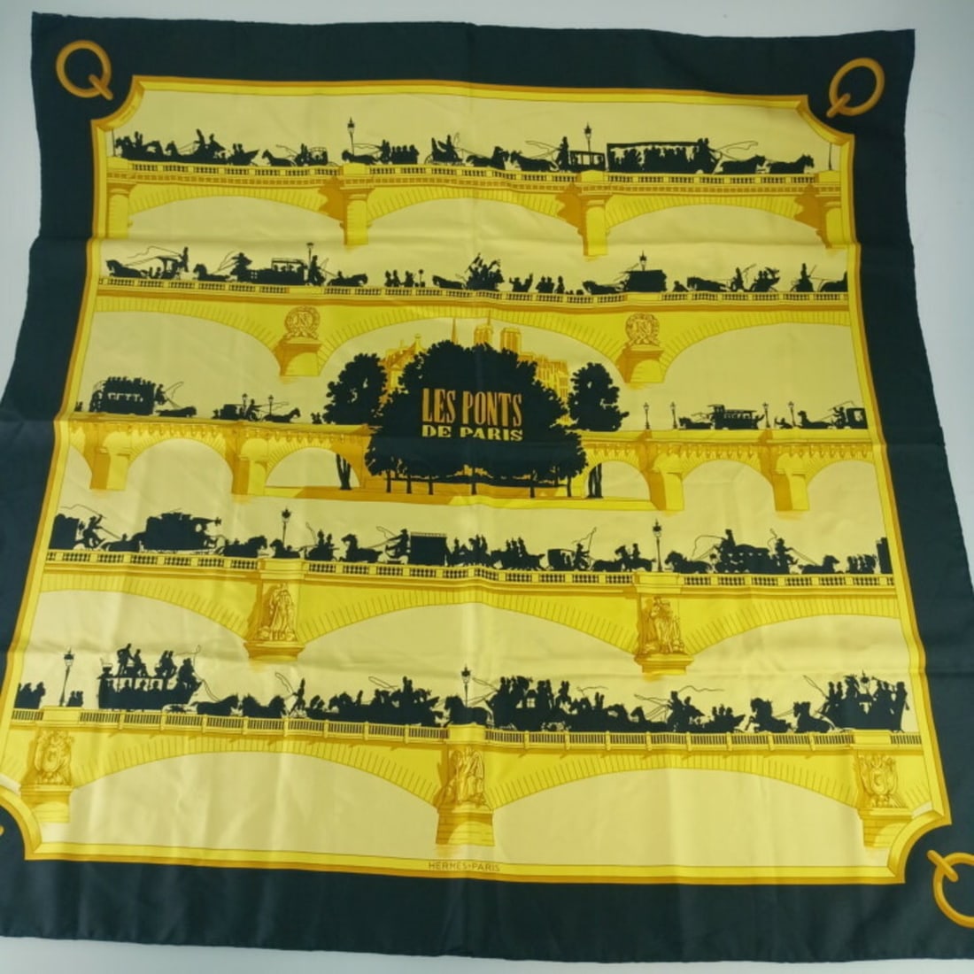 HERMES Carré 90 Scarf, Black and Yellow Silk, Women's, Les Pontes de Paris (Paris Bridges): --- Catalog ---Category: SizeSize (LxW): 88cm x 88cm / 34.64'' x 34.64''Category: DesignType: ScarfColor: Black, YellowGender: WomenMaterial: Silk 100%Category: GeneralBrand: HermesCountry of Origin: