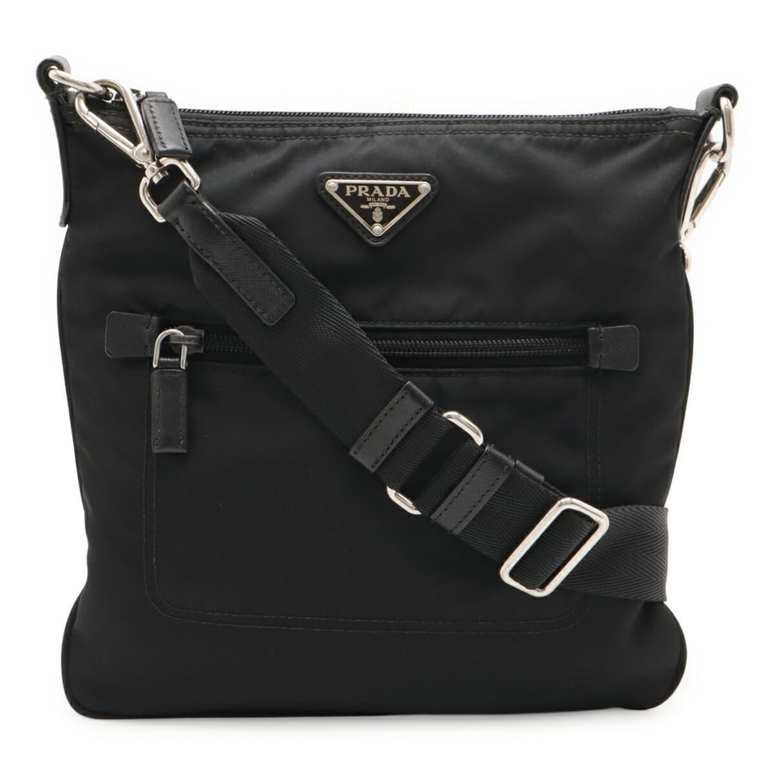 PRADA Triangle Shoulder Bag in Nylon and Leather, Black, 1BH716: --- Catalog ---Category: SizeSize (HxWxD): 24cm x 24.5cm / 9.44'' x 9.64''Category: DesignType: Shoulder bagColor: NeroGender: WomenMaterial: Nylon Category: GeneralMPN: 1BH716Brand: PradaCountry of O