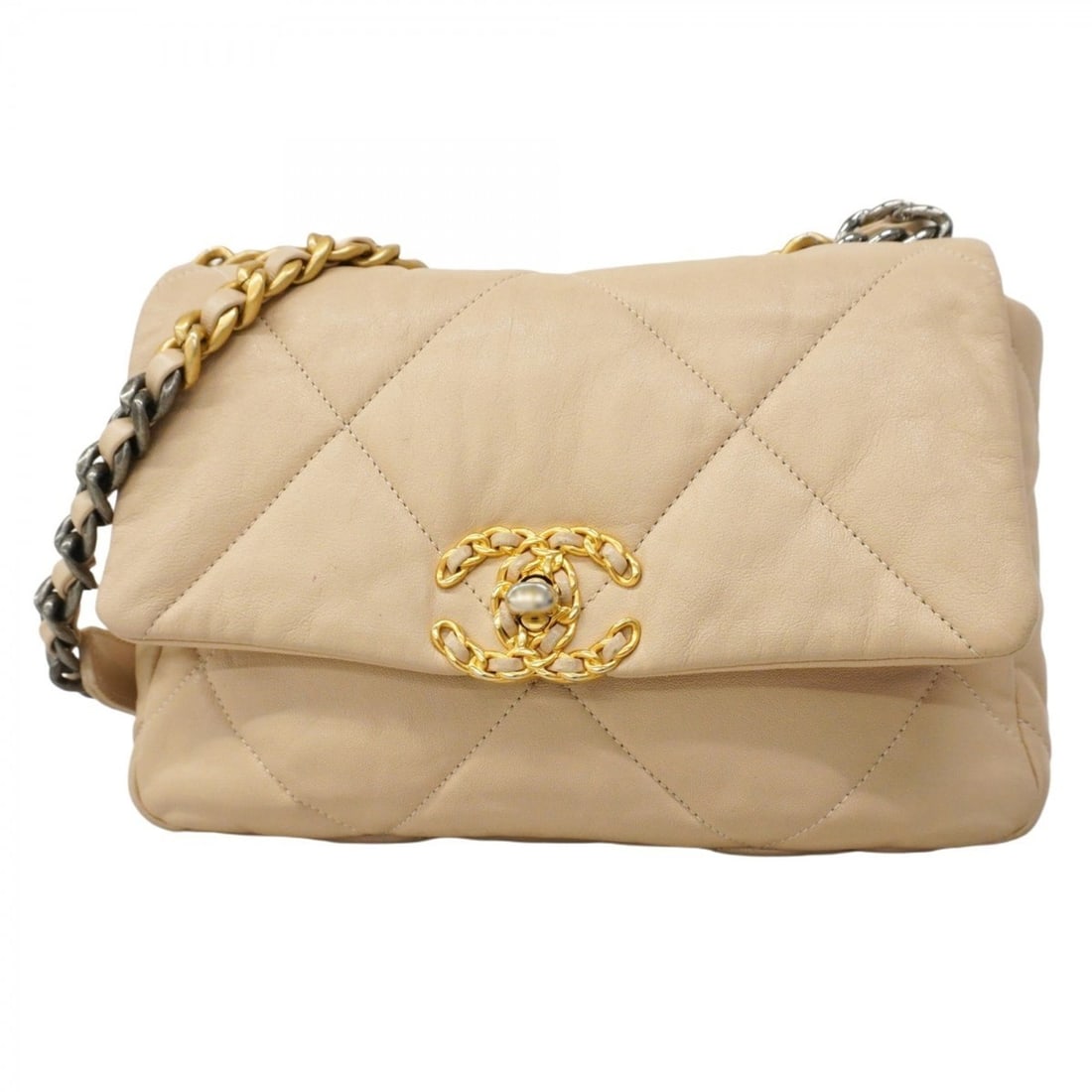 Chanel 19 Lambskin Chain Shoulder Bag in Beige and Gold, 2-Way for Women: --- Catalog ---Category: SizeSize (HxWxD): 17cm x 25cm x 7.5cm / 6.69'' x 9.84'' x 2.95''Category: DesignType: HandbagColor: BeigeGender: WomenMaterial: Leather Hardware Color: Gold, SilverLeather/Fur