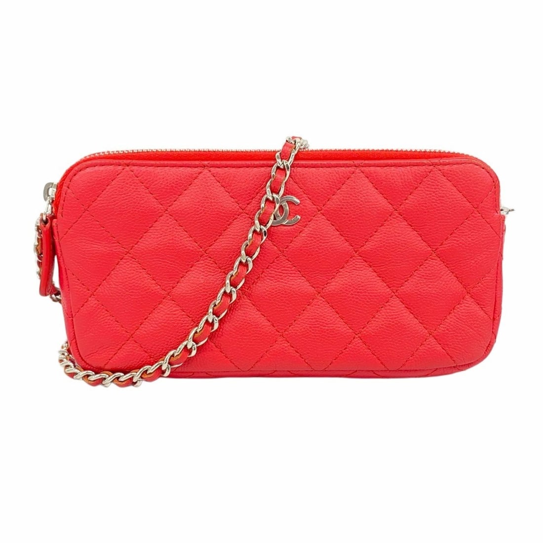 Chanel Matelasse Shoulder Bag with Chain Bag, Caviar Skin, Red, Women's: --- Catalog ---Category: SizeSize (HxWxD): 9cm x 18.5cm x 3cm / 3.54'' x 7.28'' x 1.18''Category: DesignType: Shoulder bagColor: Red colorGender: WomenMaterial: Grained Calfskin Hardware Color: Silver