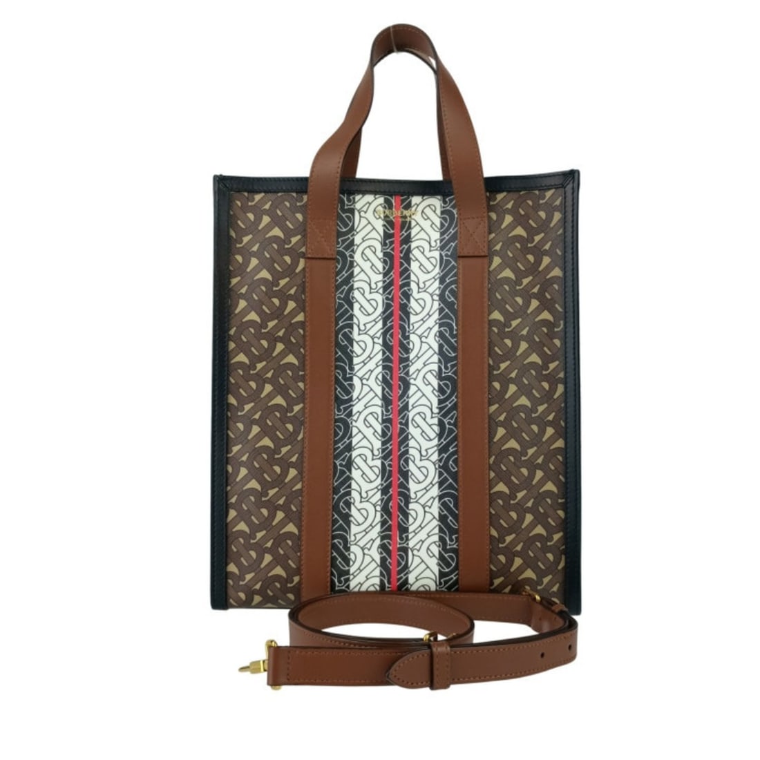 BURBERRY Small Monogram Stripe E-Canvas Portrait Tote Bag, 8024294, Bridle Brown, for Men and Women: --- Catalog ---Category: SizeSize (HxWxD): 32cm x 26cm x 11cm / 12.59'' x 10.23'' x 4.33''Category: DesignType: Handbag, Shoulder bag, Tote bagColor: BrownGender: Men,Women,UnisexClosure: Snap fastene