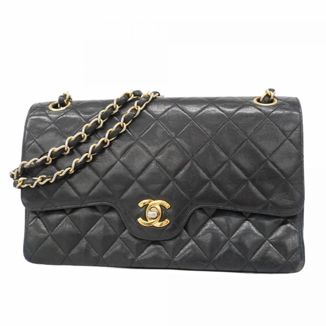 Chanel Matelasse Shoulder Bag with Double Flap and Chain, Lambskin, Black, Women's: --- Catalog ---Category: SizeSize (HxWxD): 16cm x 25cm x 7.5cm / 6.29'' x 9.84'' x 2.95''Category: DesignType: Shoulder bagColor: BlackGender: WomenMaterial: Leather Hardware Color: GoldLeather/Fur Ty