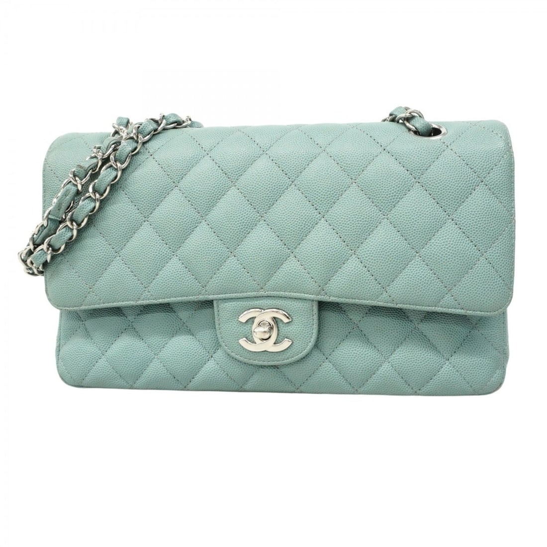 Chanel Matelasse Shoulder Bag with Double Flap and Chain, Caviar Leather, Light Blue, Women's: --- Catalog ---Category: SizeSize (HxWxD): 15cm x 26cm x 6cm / 5.9'' x 10.23'' x 2.36''Category: DesignType: Shoulder bagColor: Light blueGender: WomenMaterial: Grained Calfskin Hardware Color: Silver