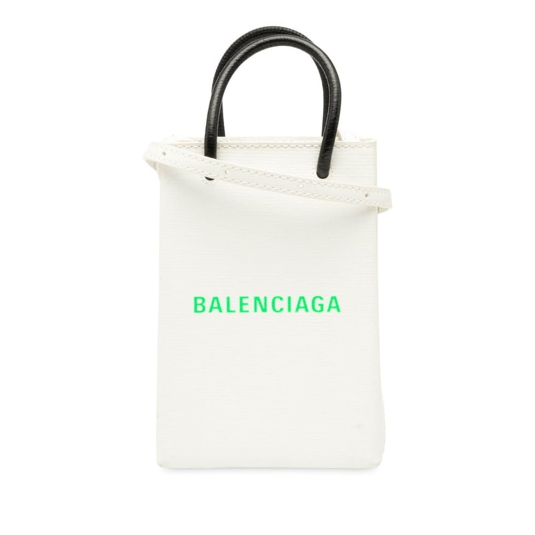 Balenciaga Shopping Phone Holder Handbag/Shoulder Bag 593826 in White, Green, and Black Leather.: --- Catalog ---Category: SizeSize (HxWxD): 18cm x 12cm x 4.5cm / 7.08'' x 4.72'' x 1.77''Category: DesignType: Handbag, Shoulder bagColor: Black, Green, WhiteGender: WomenMaterial: Leather Category: G