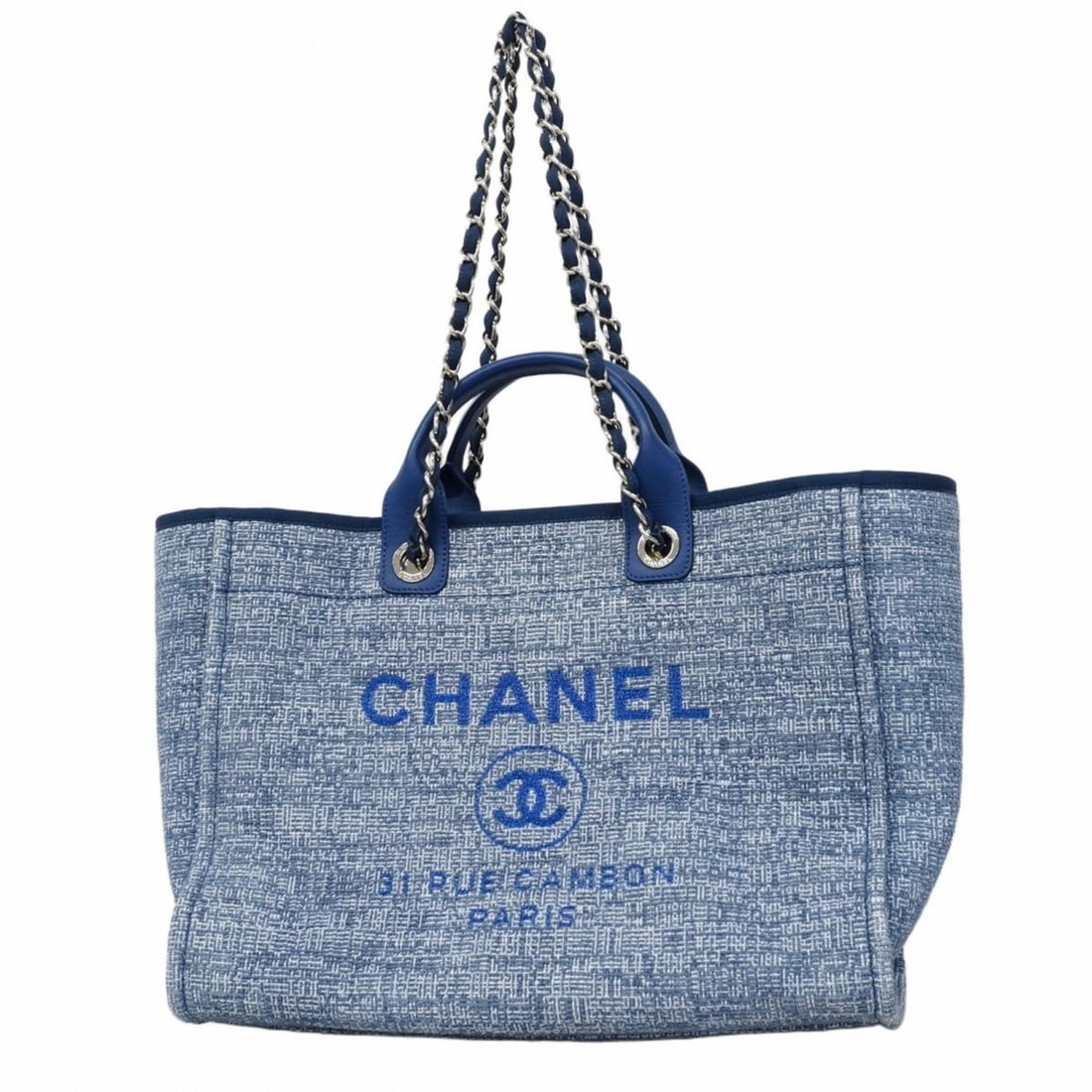 Chanel Deauville Tweed Chain Tote Bag, Blue, 2-Way Bag for Women: --- Catalog ---Category: SizeSize (HxWxD): 33cm x 38.5cm x 19cm / 12.99'' x 15.15'' x 7.48''Category: DesignType: Tote bagColor: BlueGender: WomenMaterial: Tweed Hardware Color: SilverCategory: Genera