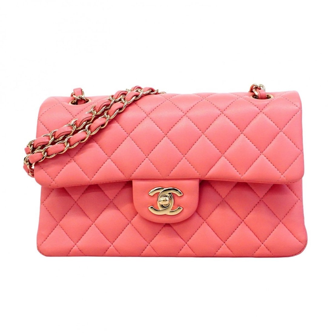Chanel Matelasse Shoulder Bag with Double Flap and Chain, Lambskin, Pink, Champagne, Women's: --- Catalog ---Category: SizeSize (HxWxD): 16.5cm x 23cm x 6cm / 6.49'' x 9.05'' x 2.36''Category: DesignType: Shoulder bagColor: PinkGender: WomenMaterial: Leather Hardware Color: Champagne goldLeath