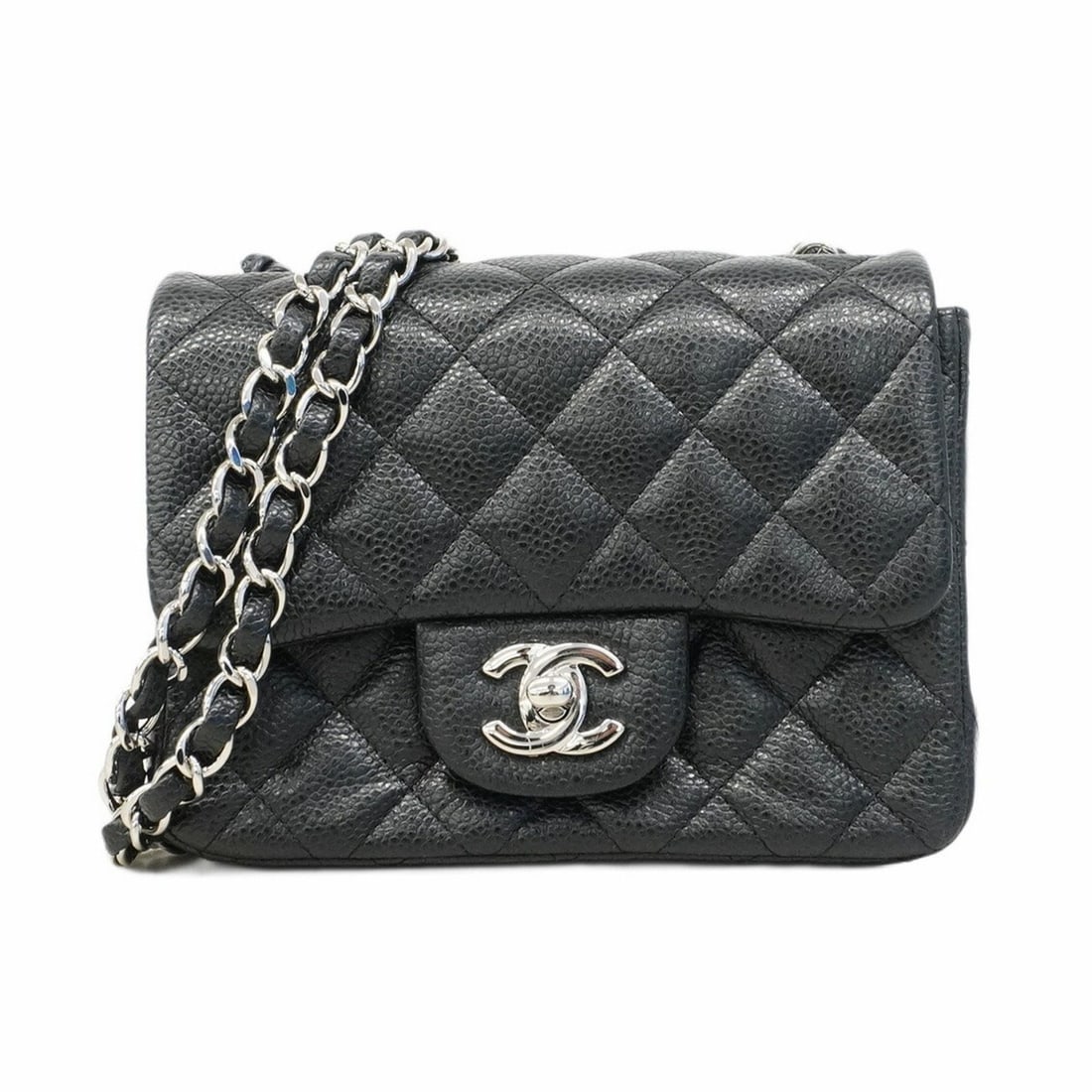 Chanel Mini Matelasse Shoulder Bag with Chain Bag, Caviar Skin, Black, Women's: --- Catalog ---Category: SizeSize (HxWxD): 14cm x 17cm x 7cm / 5.51'' x 6.69'' x 2.75''Category: DesignType: Shoulder bagColor: BlackGender: WomenMaterial: Grained Calfskin Hardware Color: SilverCateg