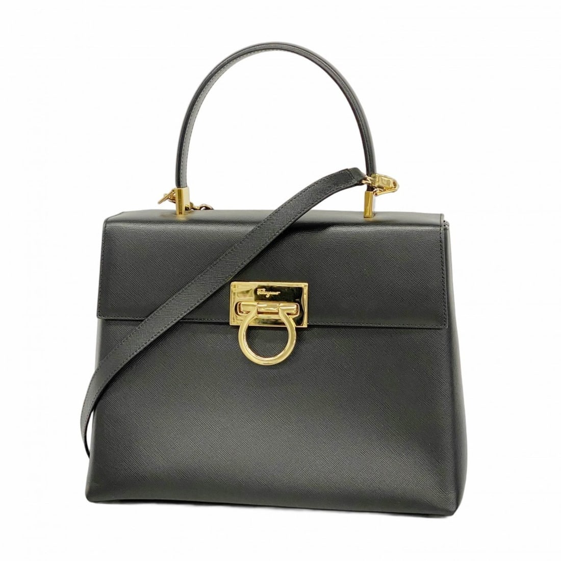 Salvatore Ferragamo Gancini Leather Handbag, Black, 2-Way Bag for Women: --- Catalog ---Category: SizeSize (HxWxD): 20cm x 26cm x 10.5cm / 7.87'' x 10.23'' x 4.13''Category: DesignType: HandbagColor: BlackGender: WomenMaterial: Leather Hardware Color: GoldCategory: General