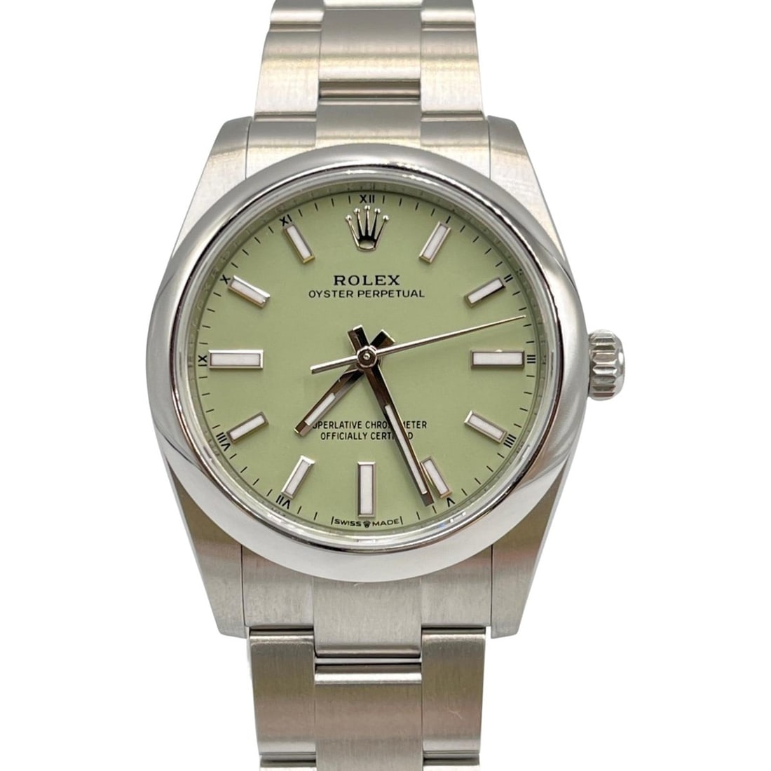 Rolex Oyster Perpetual 34 Pistachio Women's Watch 124200 Stainless Steel Men's: --- Catalog ---Category: SizeWrist Size: 19cm / 7.48''Case Diameter: 34mm / 1.34''Category: DesignType: WristwatchGender: Men,WomenColor (Dial): GreenMaterial (Band): Stainless steelMaterial (Case): S