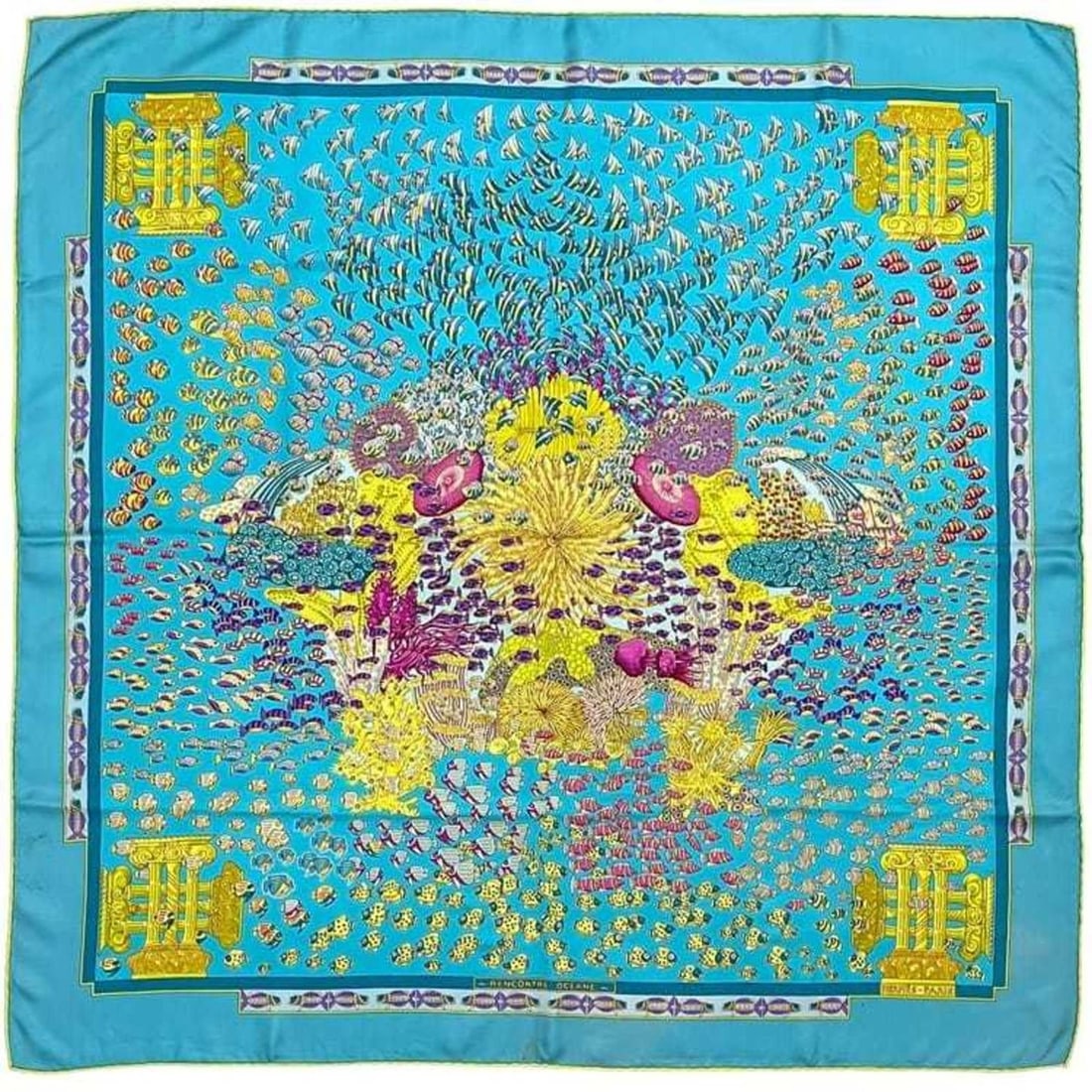 Hermès Carré 90 Scarf (ec-24760) Light Blue, Silk, 100% HERMES RENCONTRE OCEANE, Large Fish (1 of 11)