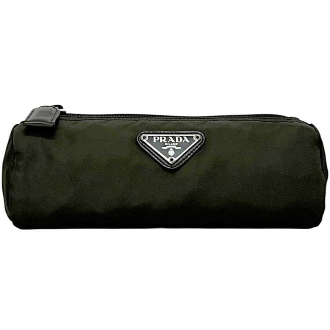Prada pouch ec-24829, khaki green, Tessuto nylon and leather, size 42, PRADA mini triangular plate,: --- Catalog ---Category: SizeSize (HxWxD): 7cm x 19cm x 7cm / 2.75'' x 7.48'' x 2.75''Category: DesignType: PouchColor: Green, KhakiGender: Men,WomenMaterial: Nylon , Leather Category: GeneralBrand: P