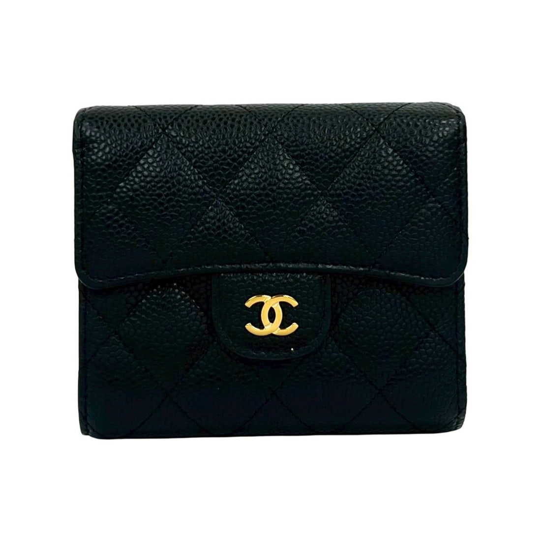 CHANEL Matelasse Coco Mark Caviar Leather Tri-fold Wallet, Black, 64570: --- Catalog ---Category: SizeSize (HxWxD): 10cm x 11.5cm x 2.5cm / 3.93'' x 4.52'' x 0.98''Category: DesignType: Wallet (tri-fold)Color: BlackGender: WomenMaterial: Grained Calfskin Category: GeneralB