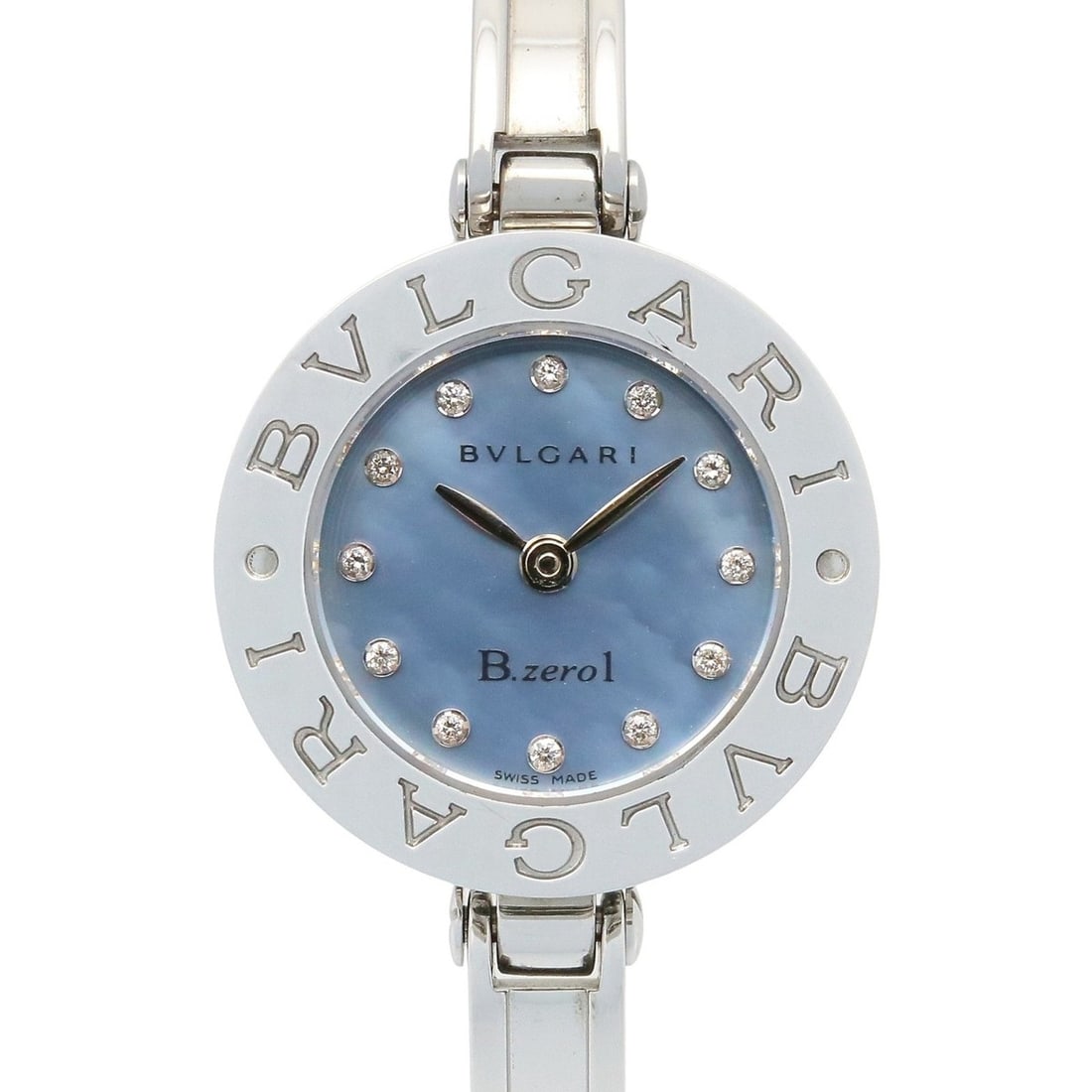 BVLGARI B-zero1 Watch, Stainless Steel with Diamonds, Women's, Blue Shell BZ22S: --- Catalog ---Category: SizeWrist Size: 14.5cm / 5.7''Case Diameter: 22mm / 0.87''Category: DesignType: WristwatchGender: WomenColor (Dial): Blue shellMaterial (Band): Stainless steelMaterial (Case):