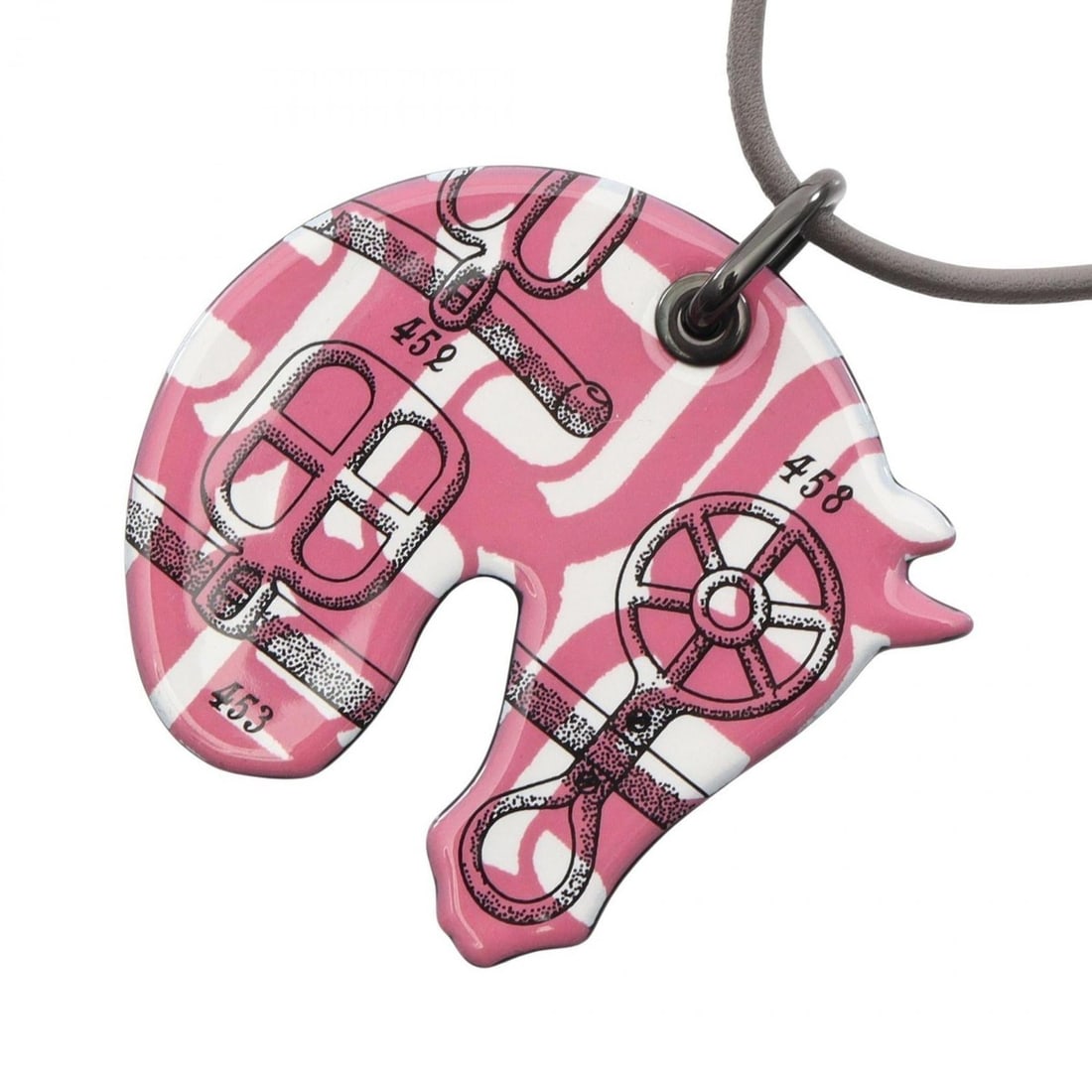 Hermes Hermès Tattersall PM Necklace by Manufacture de Boucleries, Leather and Enamel, Women's,: --- Catalog ---Category: SizePendant Size: 42mm x 42mm / 1.65'' x 1.65''Neck Circumference: 68 cm / 26.77''Category: DesignColor: Gray, Pink, WhiteGender: WomenMaterial: Enamel, LeatherNecklace Type: