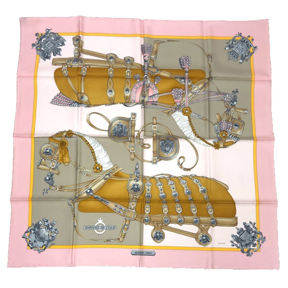 HERMES Scarf/Muffler Carré 90 HARNAIS DE COUR Court Harness H001624S 21 100% Silk Rose/Begie/Carame (1 of 20)