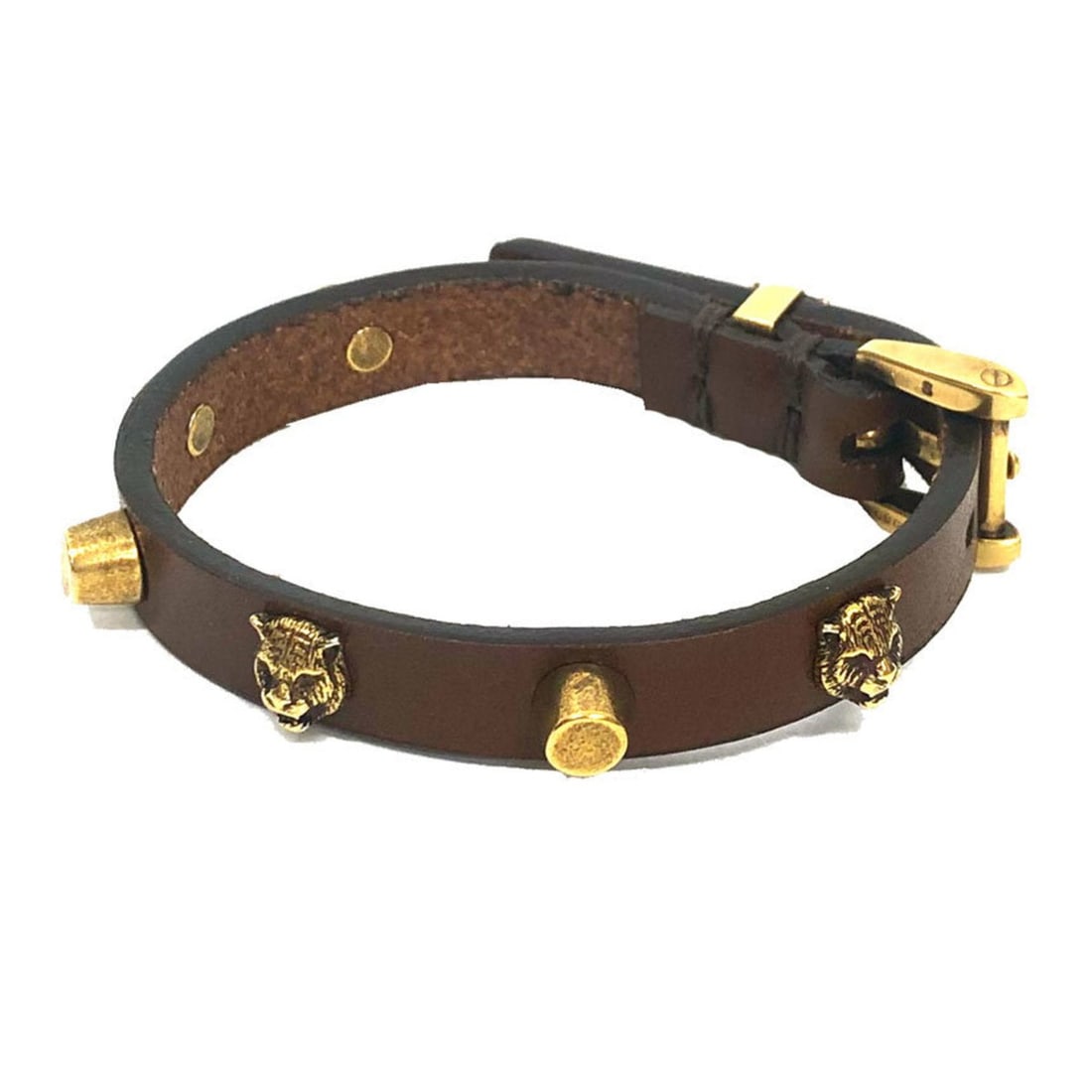 Gucci GUCCI Cat Head Bracelet Bangle 501543 Leather Brown x Gold Men's Women's Tiger Matching (1 of 13)