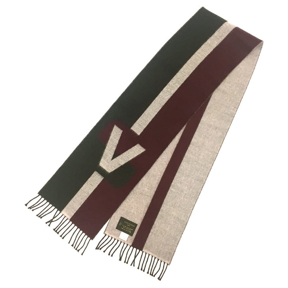 LOUIS VUITTON Echarpe V Historique Men's Scarf, Cashmere and Wool, Khaki Bordeaux: --- Catalog ---Category: SizeSize (LxW): 20cm x 1.4m / 7.87'' x 55.11''Category: DesignType: StoleColor: Bordeaux, KhakiGender: MenMaterial: Cashmere 30%, Wool 70%Category: GeneralBrand: Louis Vuitton