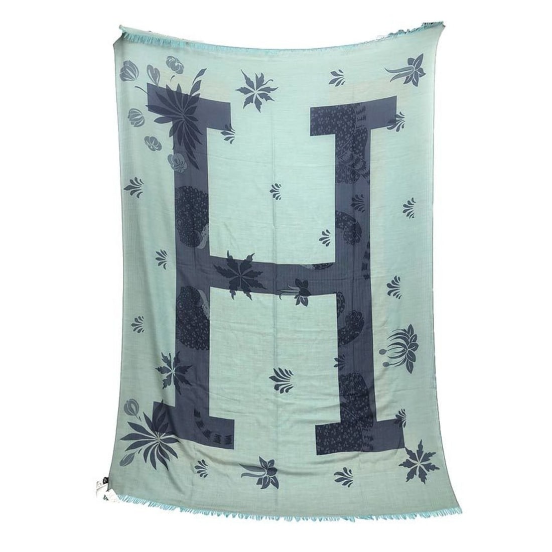 HERMES Hermès Extra Large Stole Blanket PLAID H IMPRIME LEO-PARTS 101479M Plaid, Navy and Green, (1 of 20)