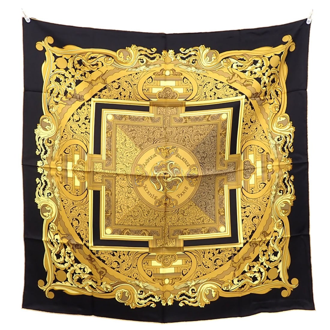 Hermes Scarf Muffler Carre 90 Women's Black Gold Silk ANIMAUX SOLAIRES Animals of the Sun (1 of 16)