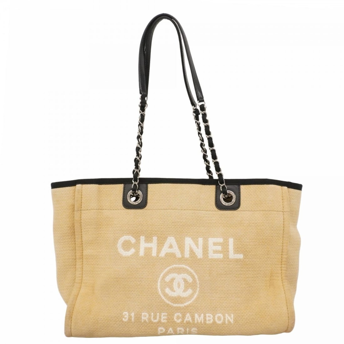 Chanel Chain Tote Bag, Deauville Canvas, Beige, Women's: --- Catalog ---Category: SizeStrap Drop: 63cm / 24.8''Size (HxWxD): 25cm x 34cm x 16cm / 9.84'' x 13.38'' x 6.29''Strap Length: 63cm / 24.8''Category: DesignType: Tote bagColor: BeigeGender: WomenMate