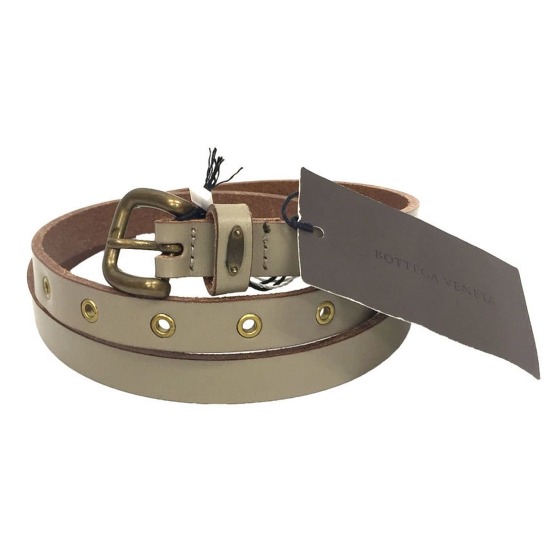 Bottega Veneta Women's Leather Belt in Greige and Smoked Gold: --- Catalog ---Category: SizeLength: 80cm - 90cm / 31.49'' - 35.43''Category: DesignType: Standard beltColor: Brown, GoldGender: WomenMaterial (Strap): Leather Category: GeneralBrand: Bottega VenetaCo