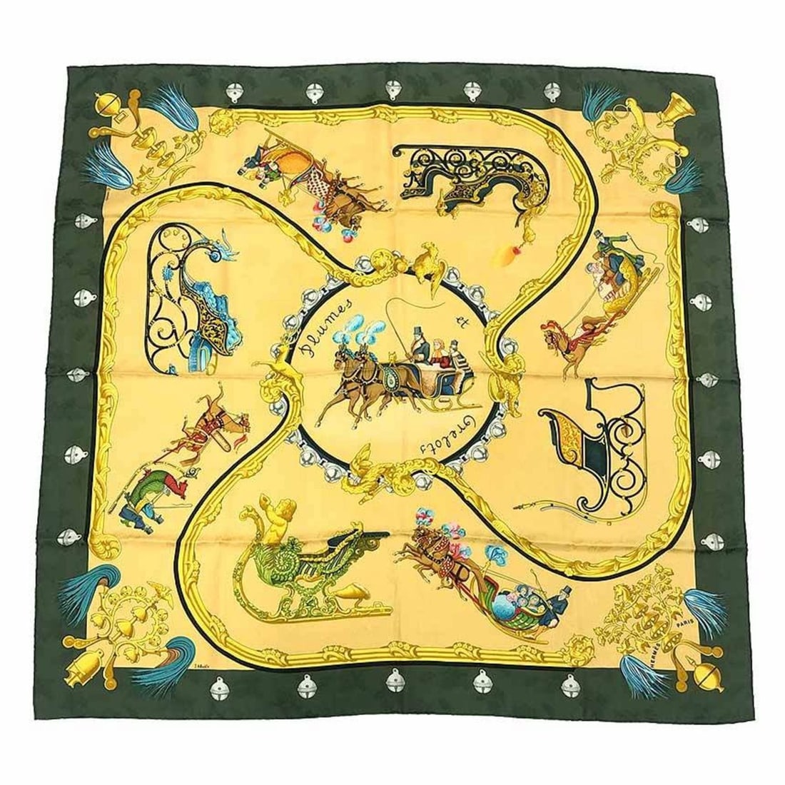 HERMES Scarf, Carré 90, Plumes et Grelots, Feather and Bell Pattern, Yellow Olive, 100% Silk (1 of 13)