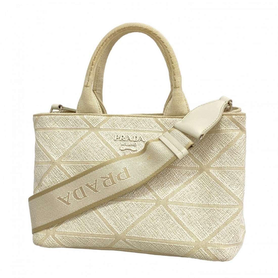 Prada Canapa Tote Bag, White/Beige, 2-Way Bag for Women: --- Catalog ---Category: SizeSize (HxWxD): 19.5cm x 27.5cm x 14.5cm / 7.67'' x 10.82'' x 5.7''Category: DesignType: Tote bagColor: Beige, WhiteGender: WomenMaterial: Canvas Hardware Color: SilverCateg