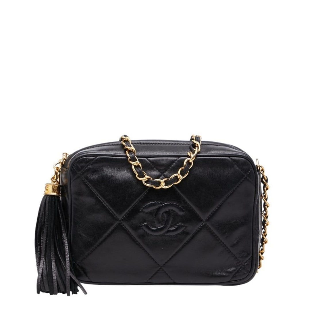 CHANEL Coco Mark Matelasse Tassel Chain Shoulder Bag in Black Lambskin for Women: --- Catalog ---Category: SizeSize (HxWxD): 14cm x 18cm x 7cm / 5.51'' x 7.08'' x 2.75''Category: DesignType: Shoulder bagColor: BlackGender: WomenMaterial: Leather Leather/Fur Type: LambskinCategory:
