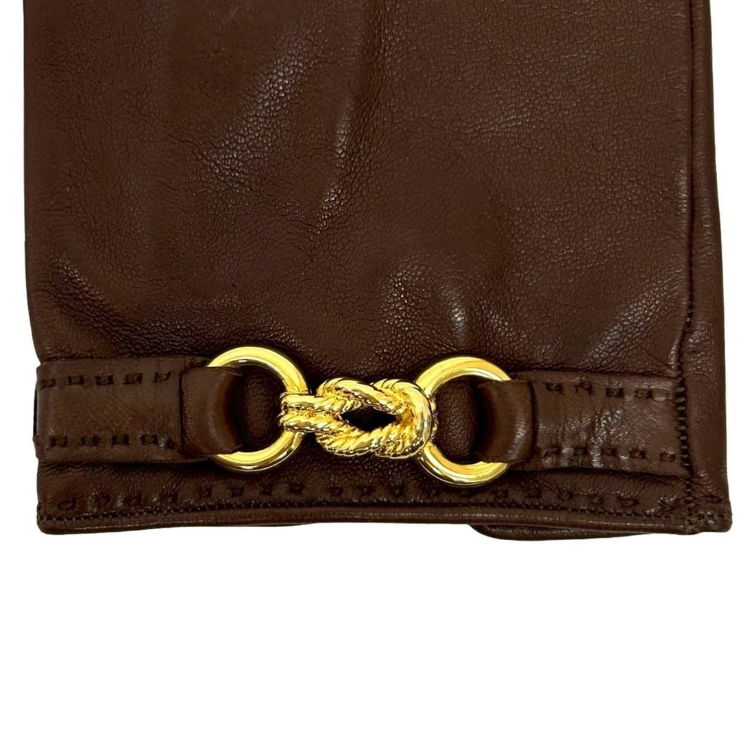 HERMES Gold Twisted Hardware Leather Hand Gloves for Women, Brown, 33058 (1 of 9)