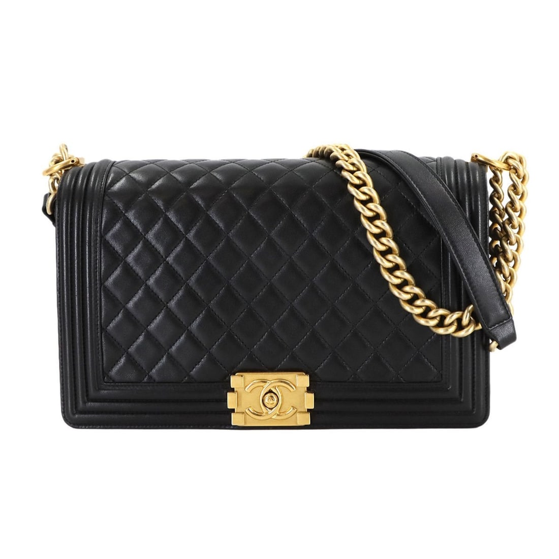 CHANEL Boy Chanel Large Chain Shoulder Bag in Black Lambskin with Gold Hardware (A92193) (1 of 10)