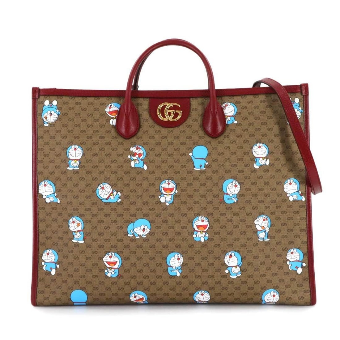 Gucci Doraemon Mini GG Supreme 2-Way Large Tote Shoulder Bag in Brown and Red (653952): --- Catalog ---Category: SizeSize (HxWxD): 33.5cm x 43cm x 18cm / 13.18'' x 16.92'' x 7.08''Category: DesignType: Shoulder bag, Tote bagColor: Brown, Cherry redGender: Men,WomenMaterial: GG Supreme ,