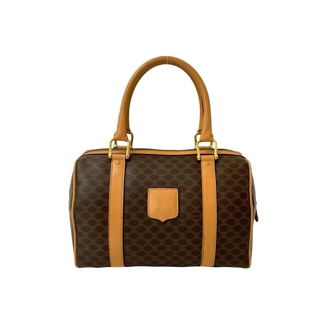 CELINE Macadam Blason Triomphe Leather Handbag/Mini Boston Bag, Brown, 21067: --- Catalog ---Category: SizeSize (HxWxD): 19.5cm x 26cm x 14cm / 7.67'' x 10.23'' x 5.51''Category: DesignType: Boston bag, HandbagColor: BrownGender: WomenMaterial: Leather , PVC Category: GeneralBr