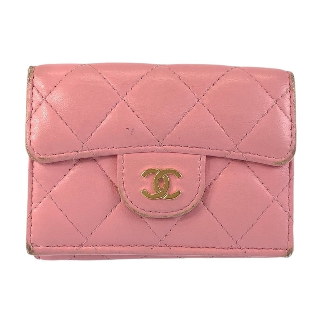 CHANEL Matelasse Coco Mark Pink Gold Hardware Leather Folding Wallet Compact Women's: --- Catalog ---Category: SizeSize (HxWxD): 7cm x 10cm x 3cm / 2.75'' x 3.93'' x 1.18''Category: DesignType: Wallet (tri-fold)Color: PinkGender: WomenMaterial: Leather Category: GeneralBrand: