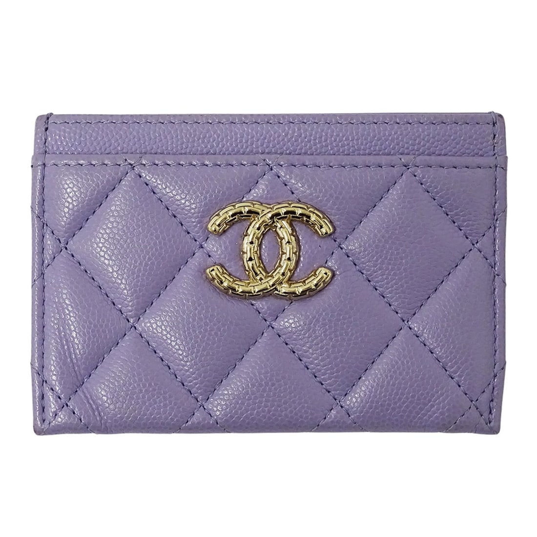 CHANEL Matelasse Business Card Case for Women, Caviar Leather, Purple with Gold Hardware, Compact: --- Catalog ---Category: DesignType: Card caseColor: PurpleGender: WomenMaterial: Grained Calfskin Category: GeneralBrand: ChanelCountry of Origin: SpainCategory: Physical PropertiesSize (HxWxD): 7.5c
