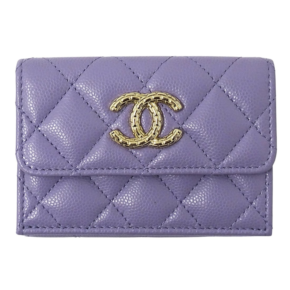 CHANEL Matelasse Women's Tri-fold Wallet in Purple Caviar Leather with Gold Hardware, Compact Mini: --- Catalog ---Category: SizeSize (HxWxD): 7.5cm x 10.5cm x 3.5cm / 2.95'' x 4.13'' x 1.37''Category: DesignType: Wallet (tri-fold)Color: PurpleGender: WomenMaterial: Grained Calfskin Category: Genera