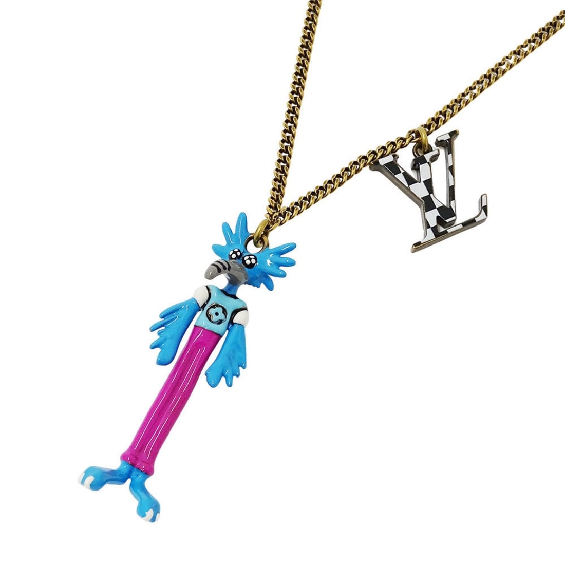 Louis Vuitton Men's and Women's Metal Pendant Necklace - LV Animals Zoom-kun Gold Multicolor MP2928: --- Catalog ---Category: SizePendant Size: 55.4mm x 18.2mm / 2.18'' x 0.71''Neck Circumference: 55 cm - 65 cm / 21.65'' - 25.59''Category: DesignColor: Gold, Multi-colorGender: Men,WomenMaterial: Meta