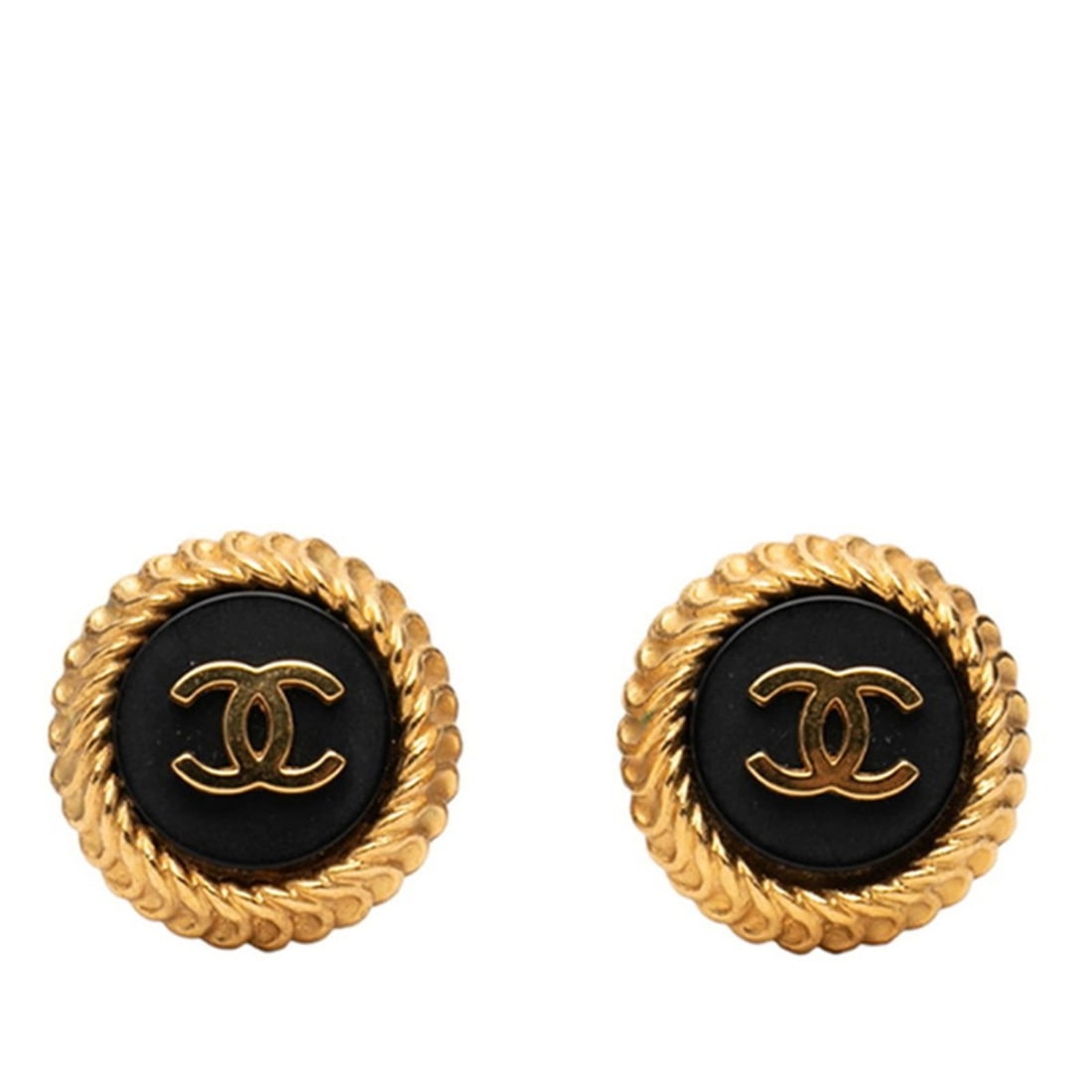 CHANEL Coco Mark Vintage Earrings, Gold and Black Plated Plastic, Women's: --- Catalog ---Category: SizeSize (HxWxD): 22.10mm x 21.70mm / 0.87'' x 0.85''Category: DesignType: Clip earringsColor: Black, GoldGender: WomenMaterial: PlasticCategory: GeneralBrand: Chanel--- Item