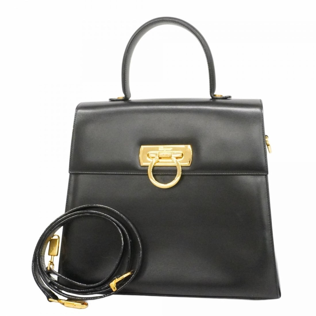 Salvatore Ferragamo Gancini Leather Handbag, Black, 2-Way Bag for Women (1 of 18)