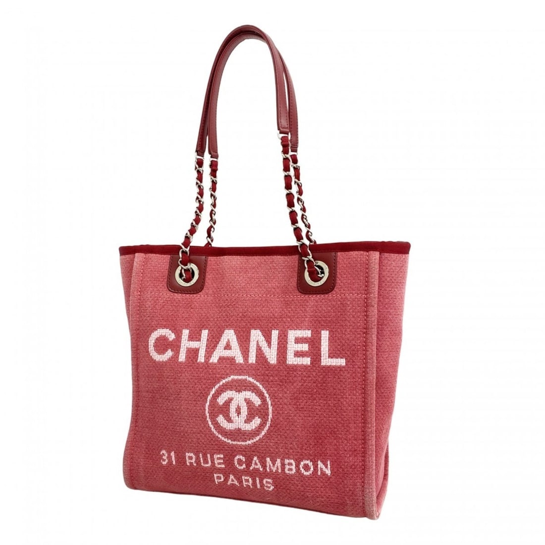 Chanel Chain Tote Bag, Deauville Canvas, Pink, Women's: --- Catalog ---Category: SizeSize (HxWxD): 26cm x 25.5cm x 12cm / 10.23'' x 10.03'' x 4.72''Category: DesignType: Tote bagColor: PinkGender: WomenMaterial: Canvas Hardware Color: SilverCategory: Gener