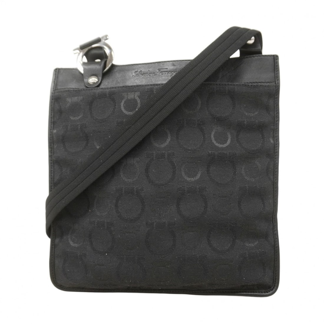 Salvatore Ferragamo Gancini Canvas Shoulder Bag, Black, Women's: --- Catalog ---Category: SizeSize (HxWxD): 25cm x 23cm x 1cm / 9.84'' x 9.05'' x 0.39''Category: DesignType: Shoulder bagColor: BlackGender: WomenMaterial: Canvas Hardware Color: SilverCategory: Gener