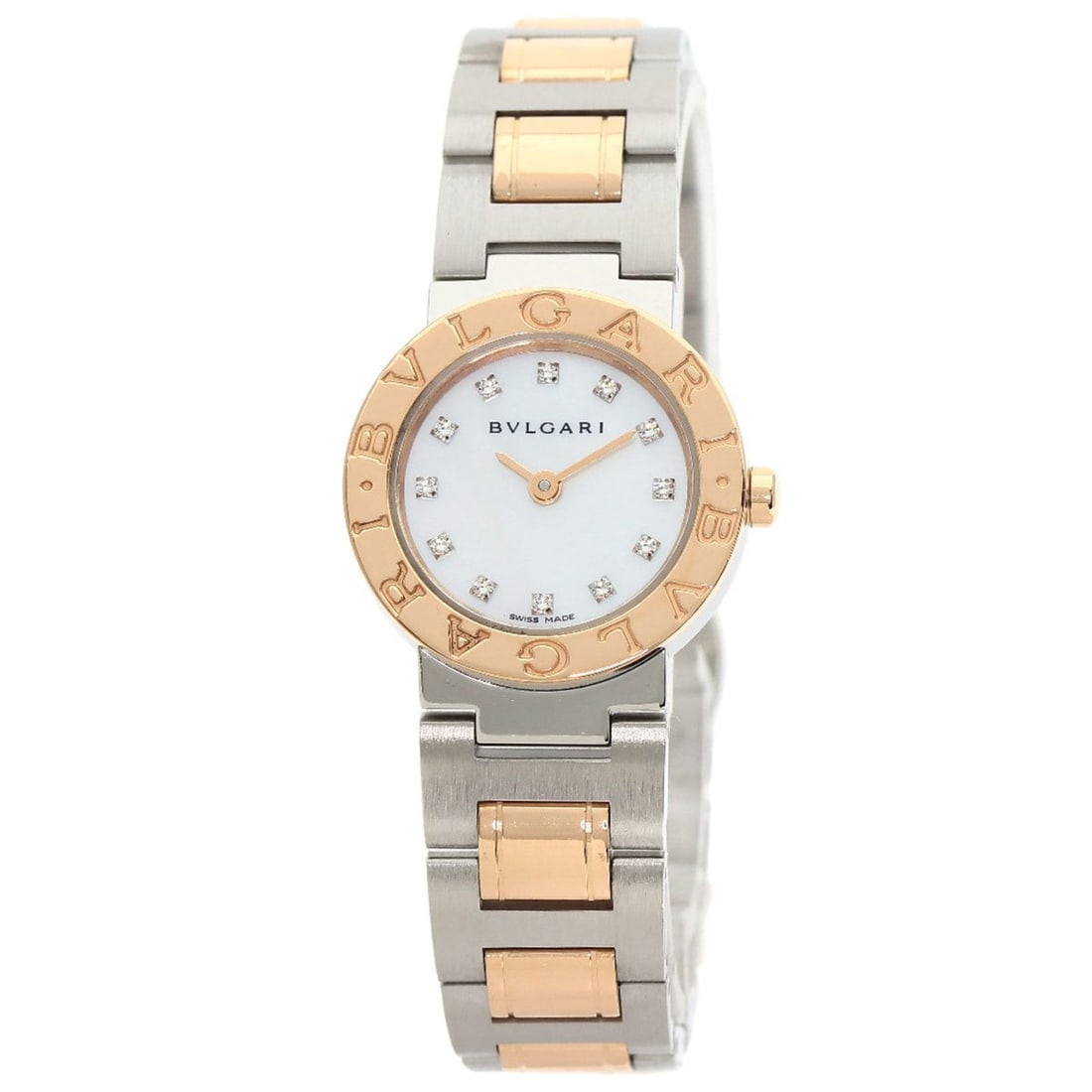 BVLGARI BBP23SG 12P Diamond Watch Stainless Steel/SS x 18KPG Women's: --- Catalog ---Category: SizeWrist Size: 15cm / 5.9''Case Diameter: 23mm / 0.91''Category: DesignType: WristwatchGender: WomenColor (Dial): White shellMaterial (Band): Pink gold (18K), Stainless steel