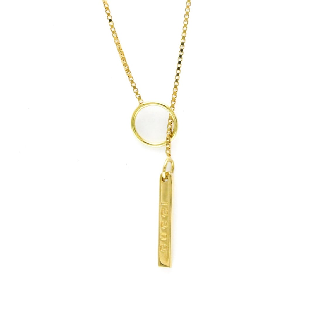 Gucci Lariat Necklace Yellow Gold (18K) No Stone Men,Women Fashion Pendant Necklace (Gold): --- Catalog ---Category: SizeWeight: 5.2g / 0.18oz.Pendant Size: 19.9mm x 3.1mm / 0.78'' x 0.12''Neck Circumference: 51 cm / 20.07''Category: DesignColor: GoldMetal: GoldStone: No StoneStyle: FashionG