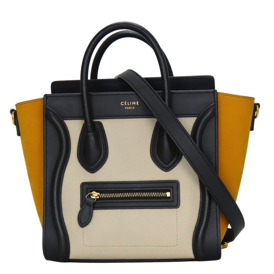 Celine Nano Luggage Leather Handbag, Black, Ivory, and Yellow, Mini Shoulder Bag for Women.: --- Catalog ---Category: SizeWeight: 520g / 1.14lb.Size (HxWxD): 19.5cm x 28cm x 9.5cm / 7.67'' x 11.02'' x 3.74''Strap Length: 121cm / 47.63''Handle Length: 28cm / 11.02''Category: DesignType: Handba