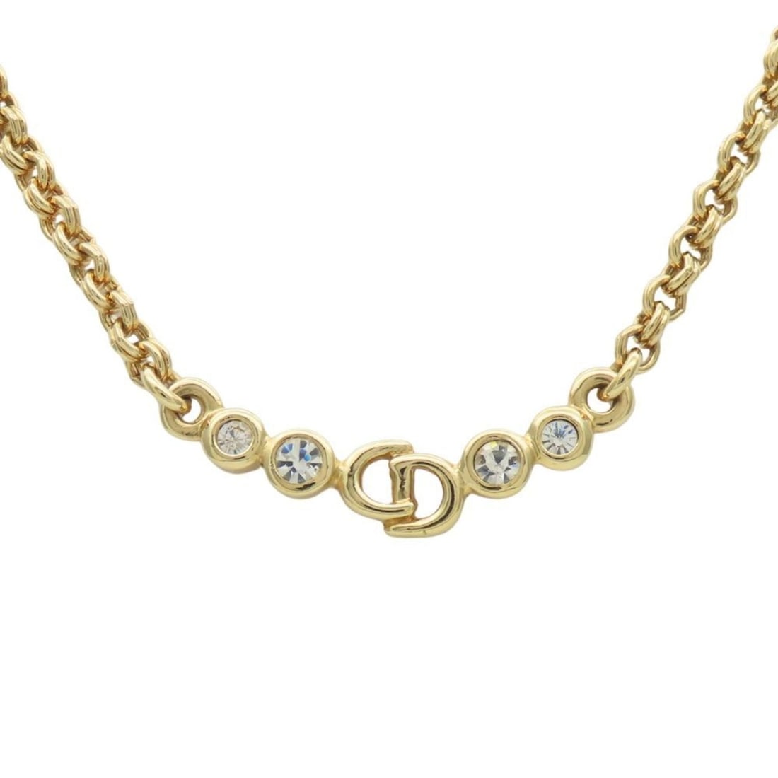 Christian Dior CD logo metal necklace with rhinestones and gold-plated GP. Women's.: --- Catalog ---Category: SizeWeight: 12g / 0.42oz.Pendant Size: 7mm x 32mm / 0.27'' x 1.25''Neck Circumference: 41.5 cm / 16.33''Category: DesignColor: GoldStone: RhinestoneGender: WomenMaterial: Meta