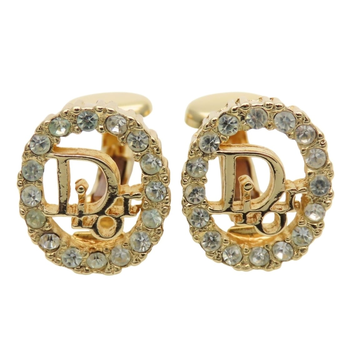 Christian Dior CD logo metal earrings with rhinestones in gold GP plated. Women's. (1 of 16)