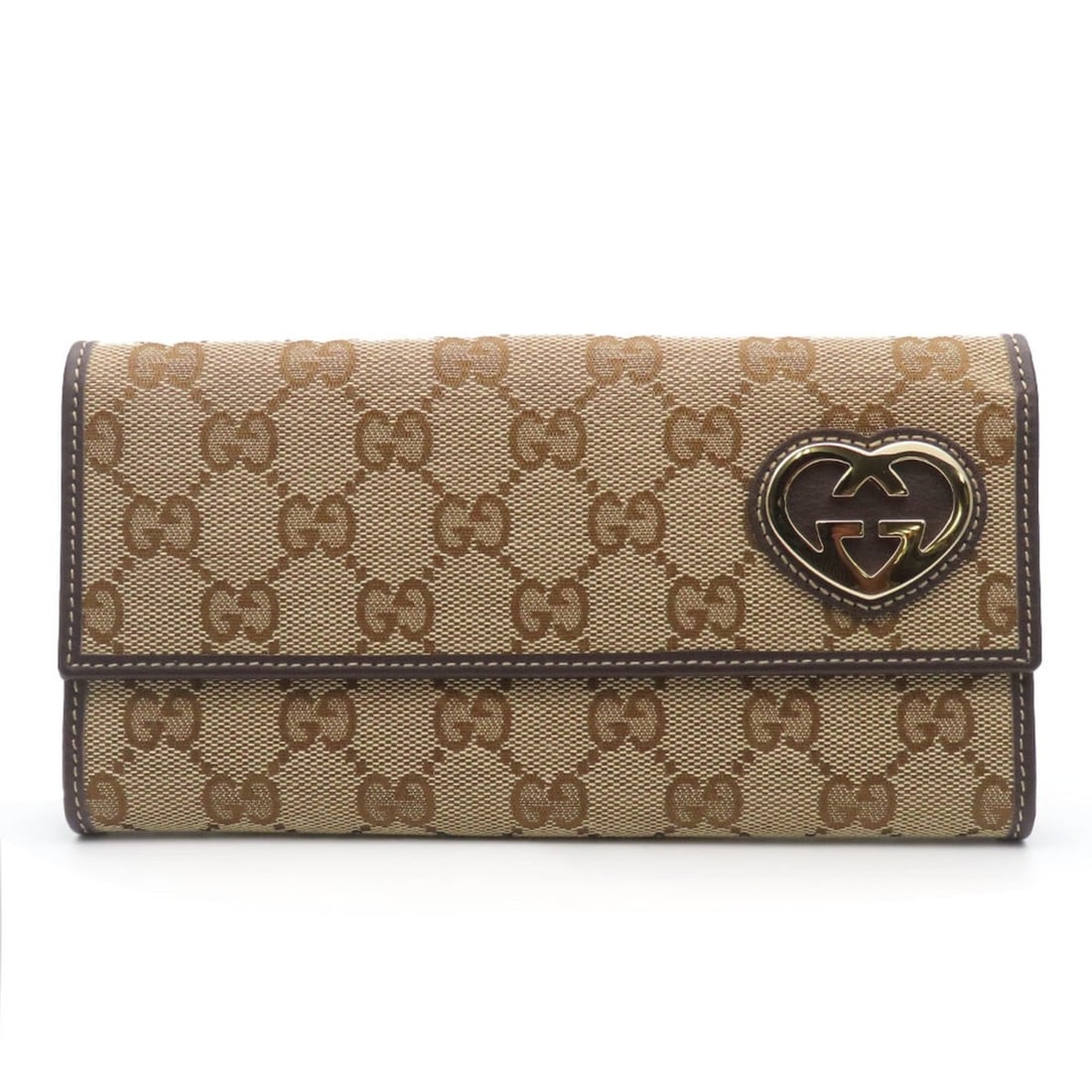 Gucci Long Wallet 245723 GG Canvas Leather Brown Beige Gold Hardware Double Hook Lovely Heart Design (1 of 20)