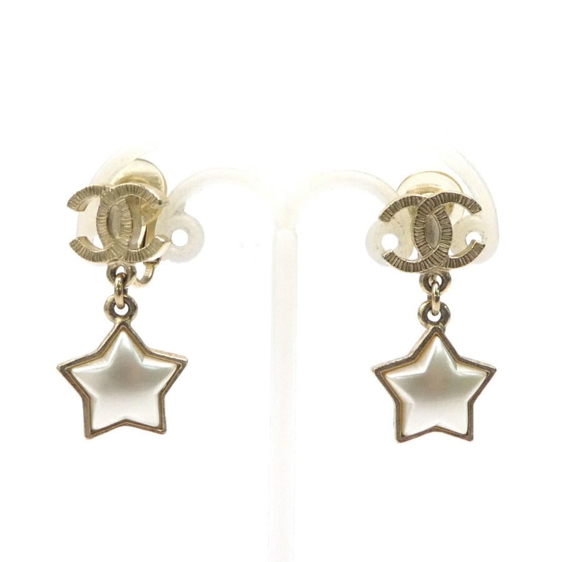 CHANEL Coco Mark Star Earrings, Metal/Faux Pearl, Gold/Off-White, Women's, e61325a (1 of 20)