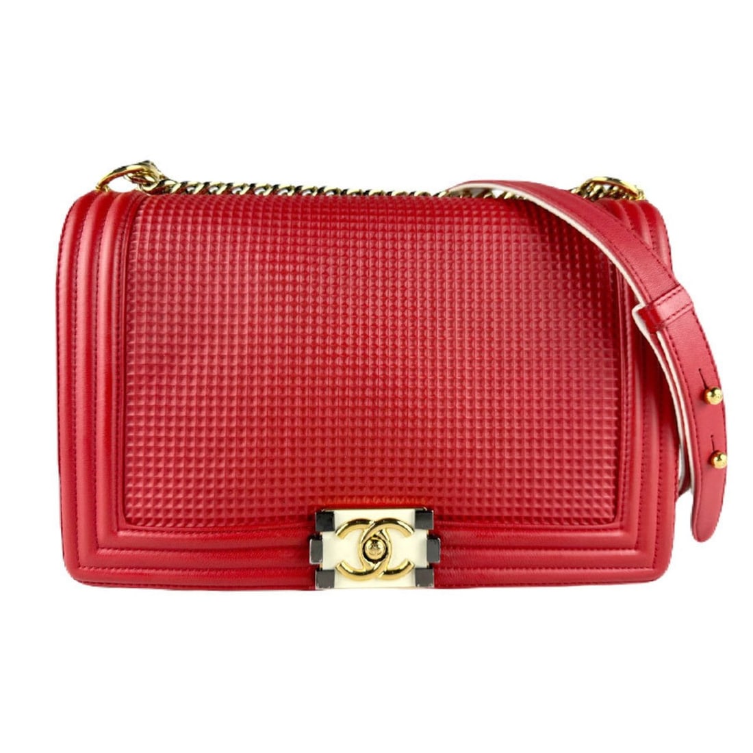 CHANEL Boy Chanel Leather Shoulder Bag in Red/Off-White and Gold, Women's, Z8378: --- Catalog ---Category: SizeSize (HxWxD): 19cm x 27cm x 7cm / 7.48'' x 10.62'' x 2.75''Category: DesignType: Shoulder bagColor: Off-white, Red colorGender: WomenMaterial: Leather Category: GeneralBra