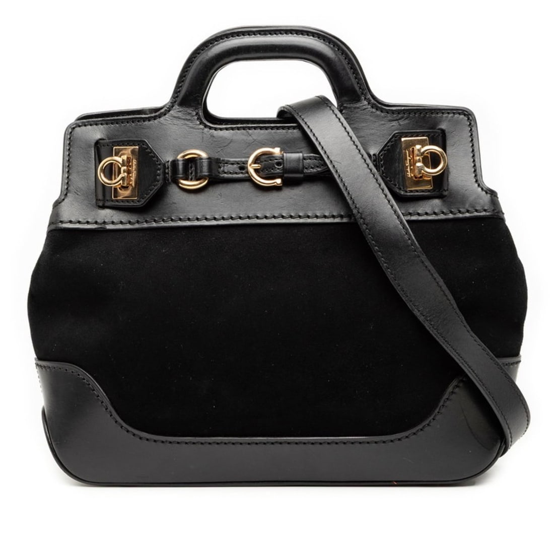 Salvatore Ferragamo Gancini handbag/shoulder bag, 2-way, black suede and leather, women's.: --- Catalog ---Category: SizeStrap Drop: 60cm / 23.62''Handle Drop: 4.00cm / 1.57''Size (HxWxD): 22cm x 27cm x 6.5cm / 8.66'' x 10.62'' x 2.55''Category: DesignType: Handbag, Shoulder bagColor: BlackG